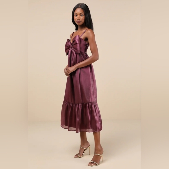 Lulus Extravagant Initiative Shiny Plum Organza Bow Midi Dress M Wedding Party - Picture 3 of 9